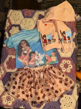 Kids Matching Set - Peach Hoodie, Blue Moana Tee & Peach Floral Skirt
